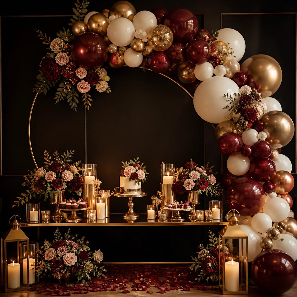 Arco de globos granate y dorado con rosas para una celebración elegante