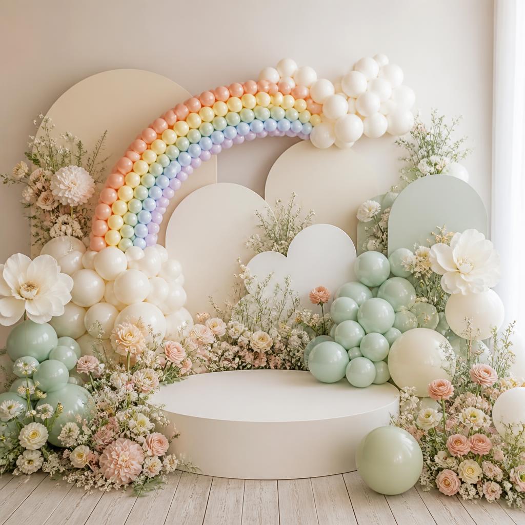 Arco de globos pastel con arcoíris para una fiesta infantil