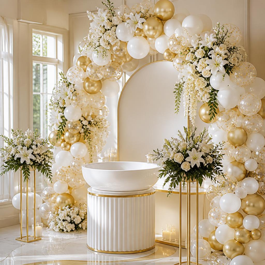 Decoración blanca y dorada con lirios para una ceremonia