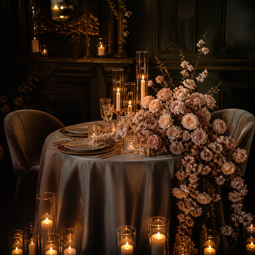 Cena romántica con rosas en cascada y velas flotantes