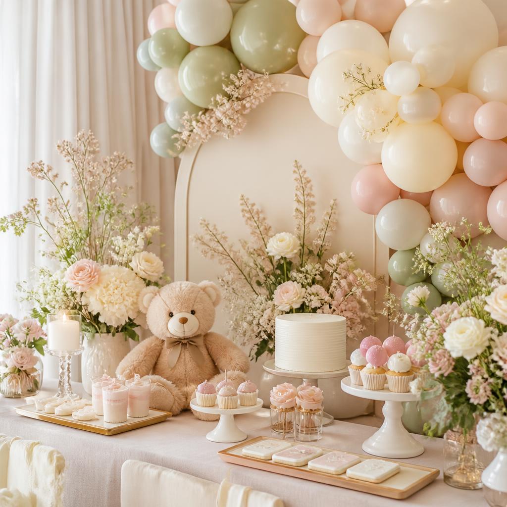 Decoración de baby shower en tonos pastel con osito de peluche