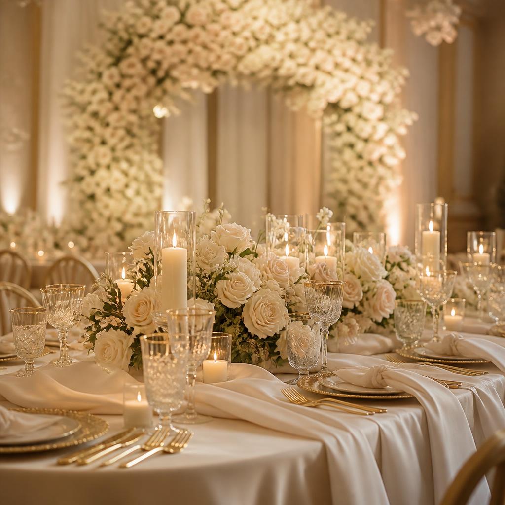 Mesa de boda con velas, cristal y rosas marfil
