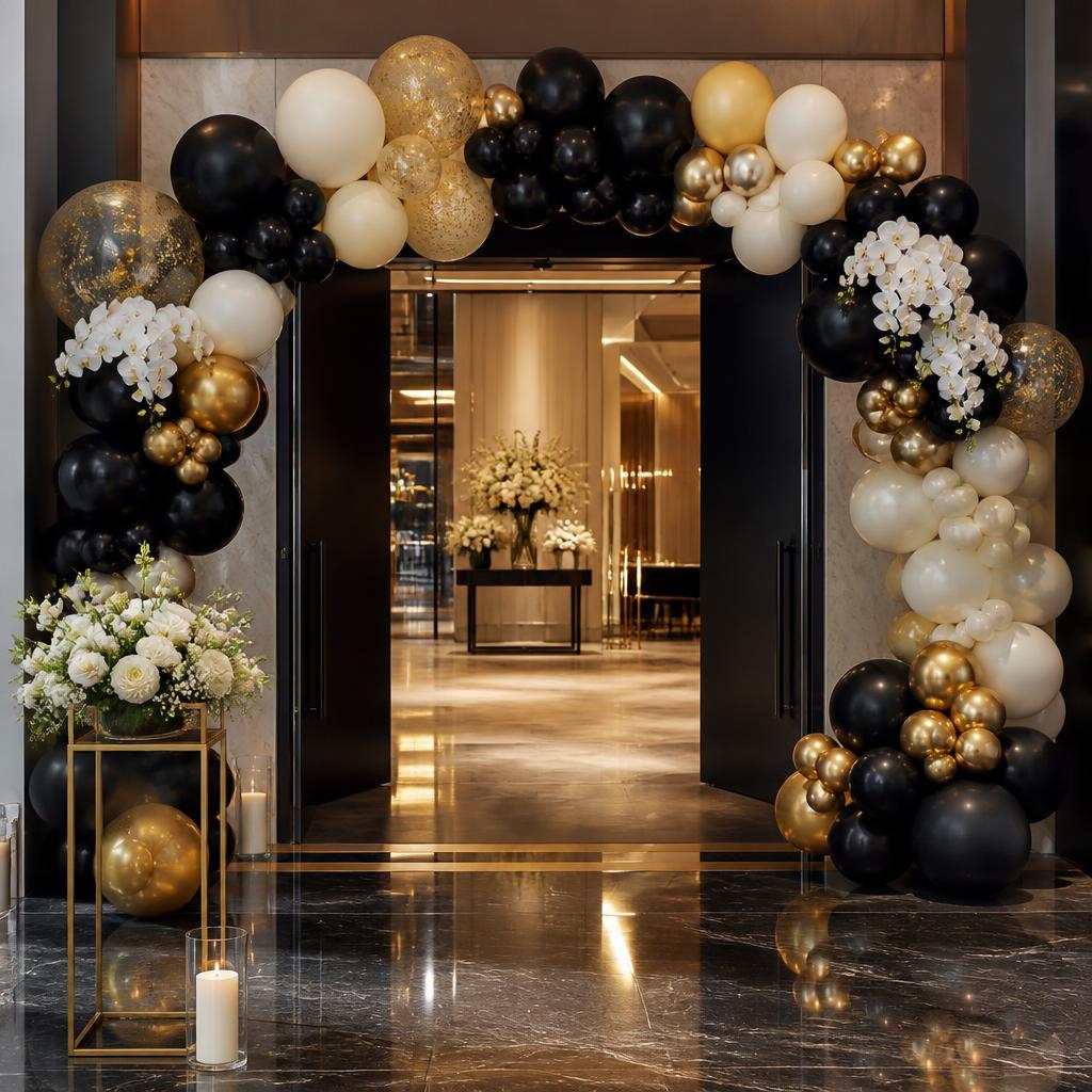 Arco de globos negro y dorado para un evento corporativo