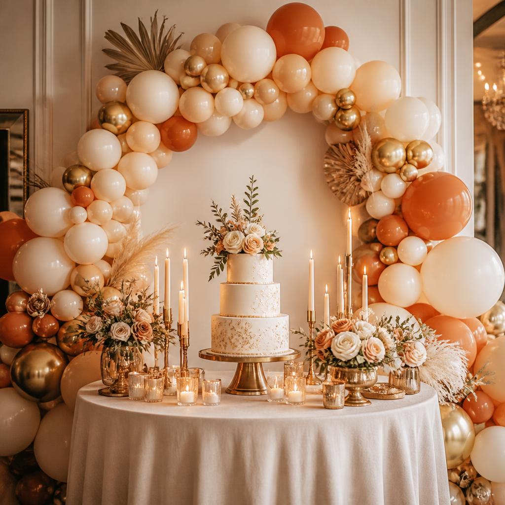 Mesa de cumpleaños con tarta, velas y arco de globos