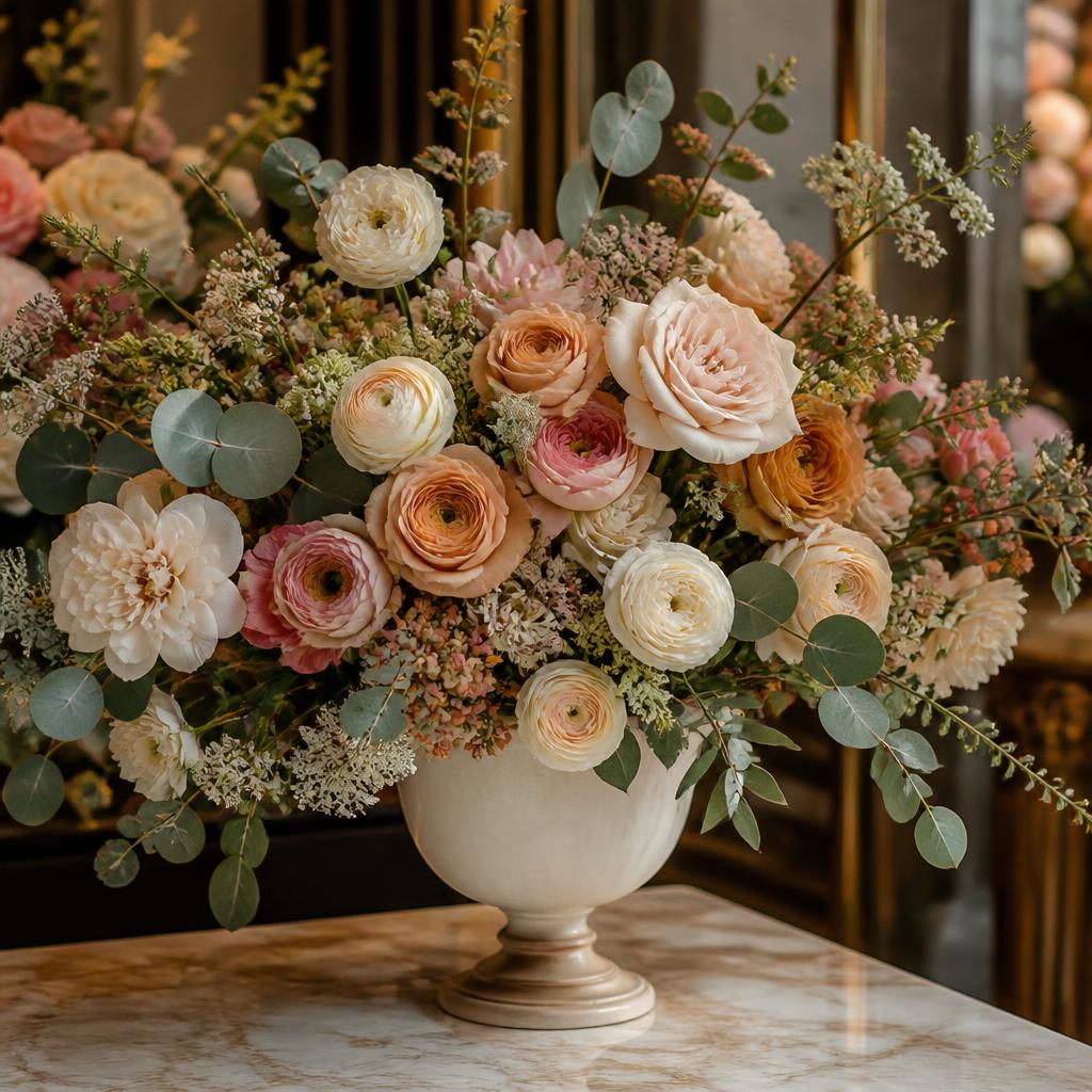 Arreglo floral con rosas y ranúnculos en tonos melocotón