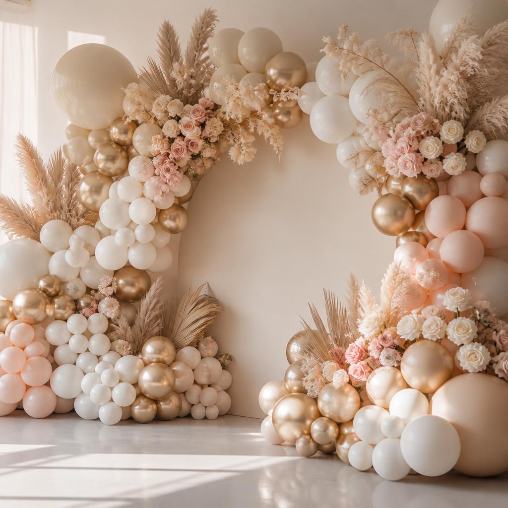 Estructura orgánica de globos en tonos crema y dorado con flores