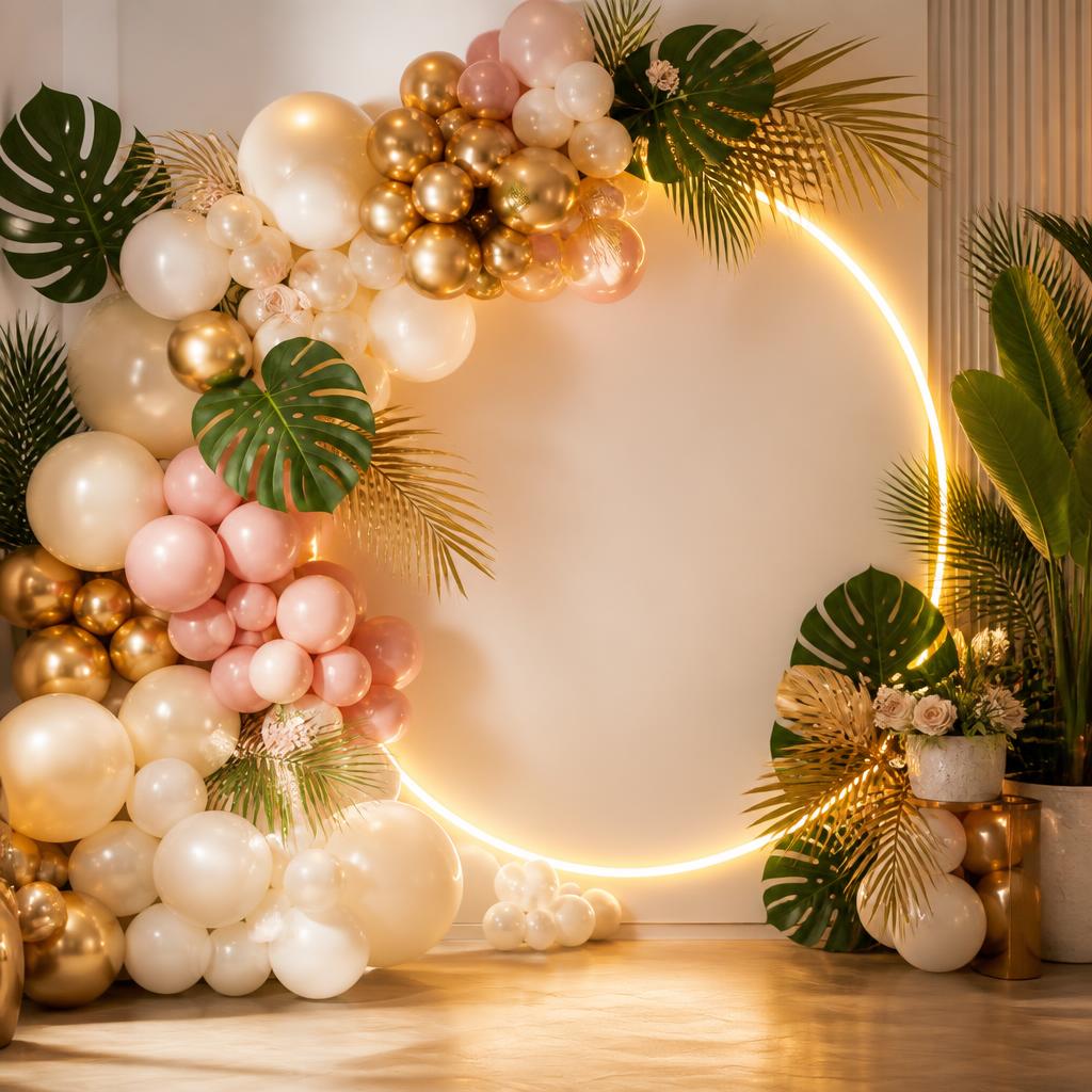 Fondo decorativo con aro luminoso, globos y hojas tropicales