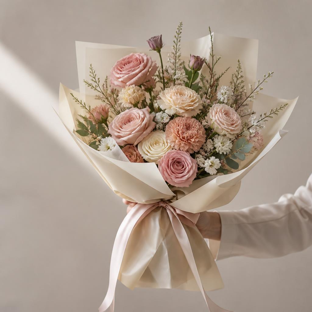 Ramo de flores personalizado envuelto en papel crema con lazo
